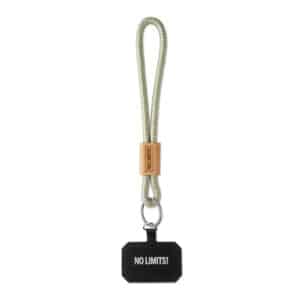 Sleutelhanger & telefoonkoord in eigen PMS-kleuren met logo op bamboe buckle